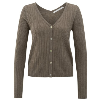 YAYA Fine rib knitted cardigan, greyish brown melange