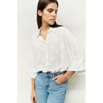 YAYA Cropped loose fit jacquard blouse, off white