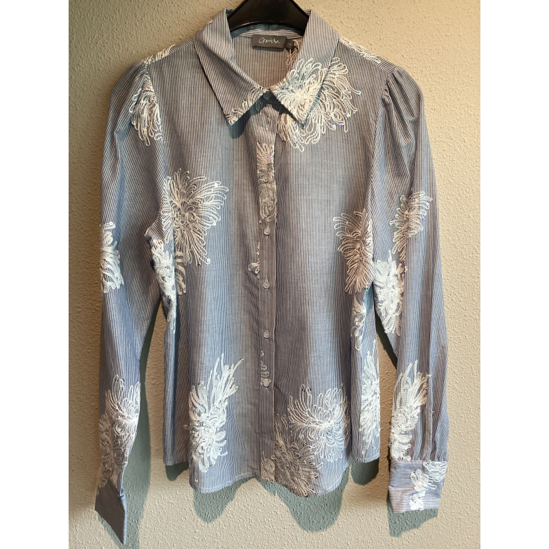 Geisha Blouse embroidered flowers, blue/off-white