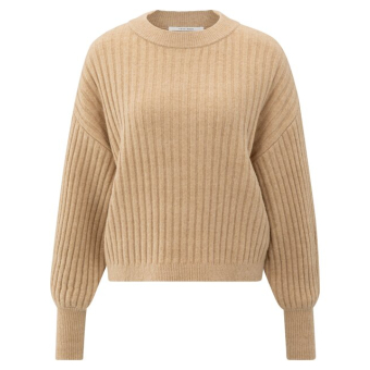 YAYA Ribbed sweater with round neck, light camel