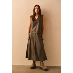 YAYA Faux leather A-line midi skirt, dark night grey