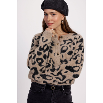 Studio Anneloes  Bibi leopard mink cardigan - latte/black