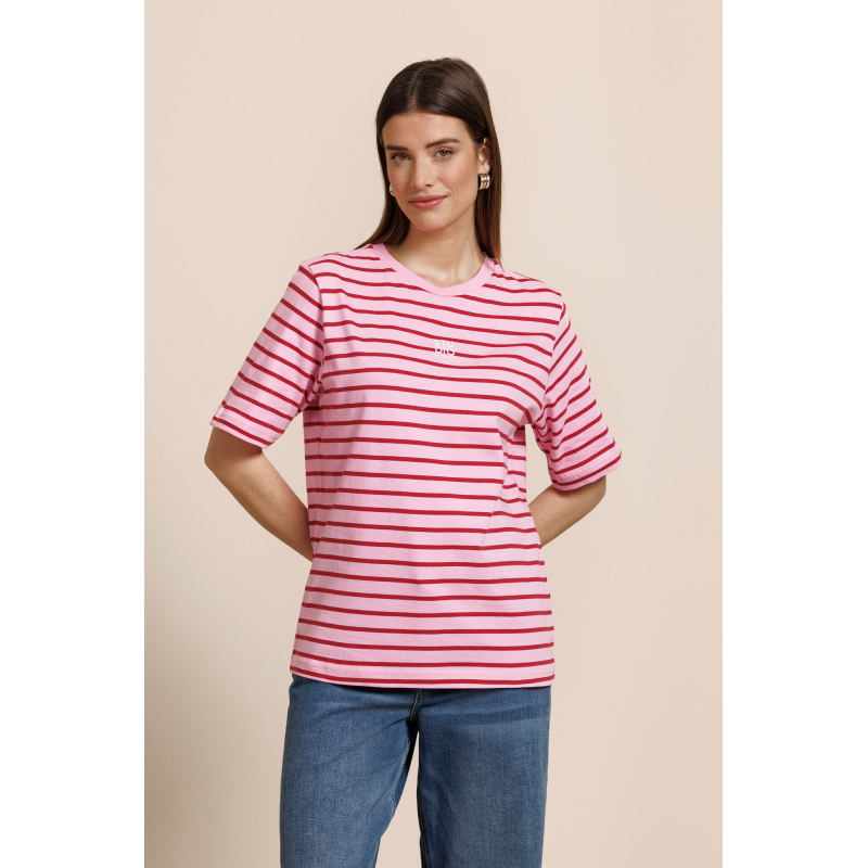 Studio Anneloes  Stripe studio floor t-shirt - ruby red/ pop pink