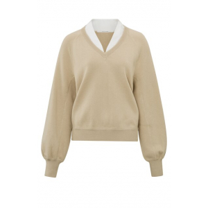 YAYA V-neck with woven detail sweat, white pepper beige