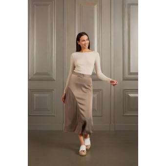 YAYA Satin aline midi skirt, clay pebble grey