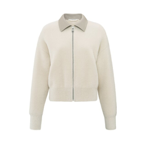 YAYA Furry cardigan with leather collar, off white melange