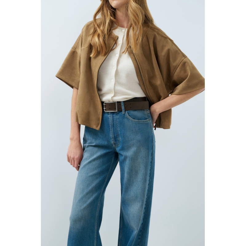 YAYA Oversized suède jasje met korte mouwen en ballonvormige zoom brown