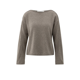 YAYA Boatneck sweater with fringes, brown melange