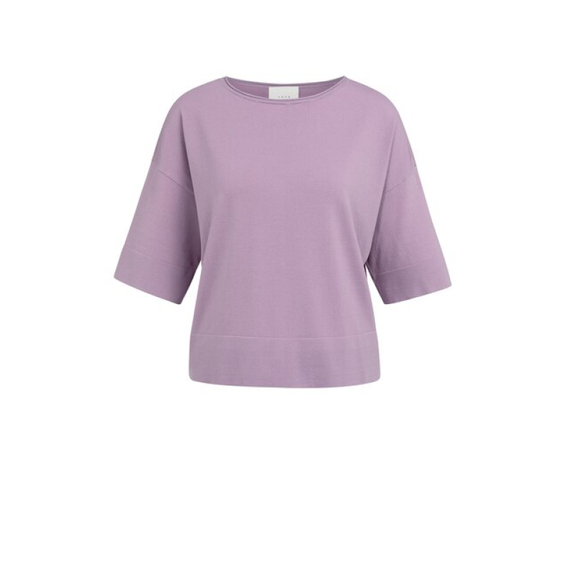 YAYA Boothals oversized fijngebreid T-shirt korte mouw lavender purple