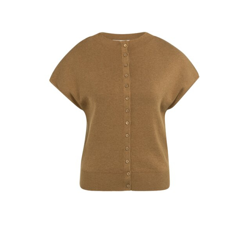 YAYA Mouwloos gebreid vest met knopen foxtrot brown