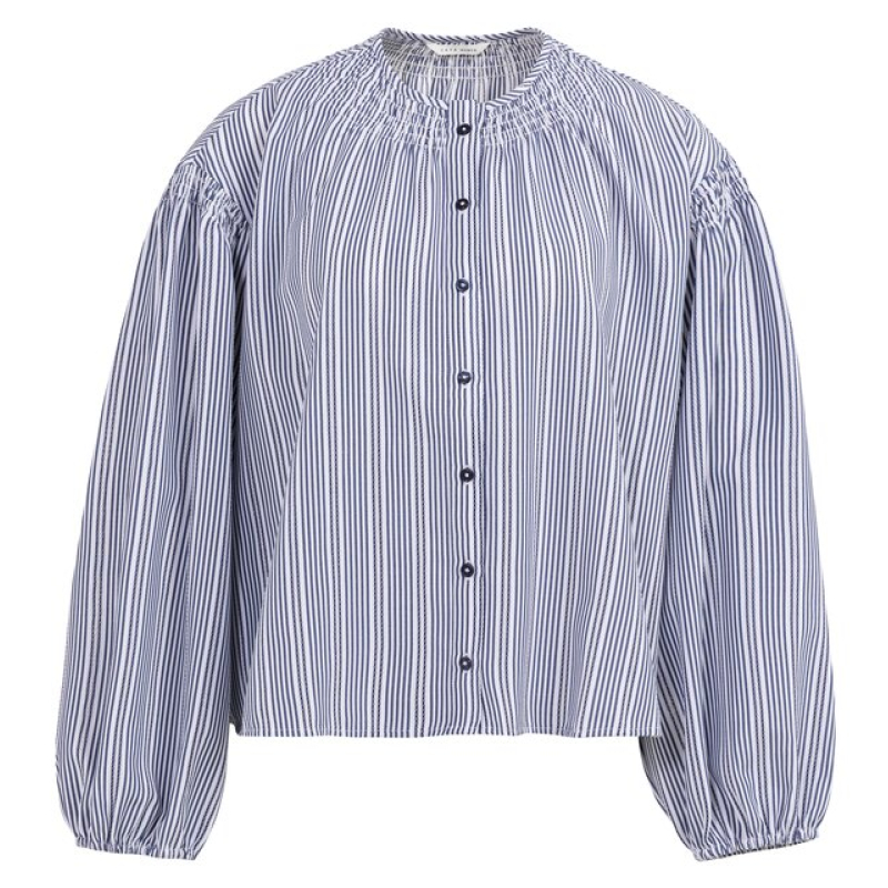 YAYA Striped blouse with shirring navy blazer dessin
