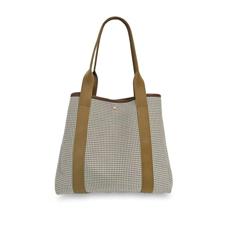 YAYA Verstelbare shopper met geweven ruitmotief beige dessin