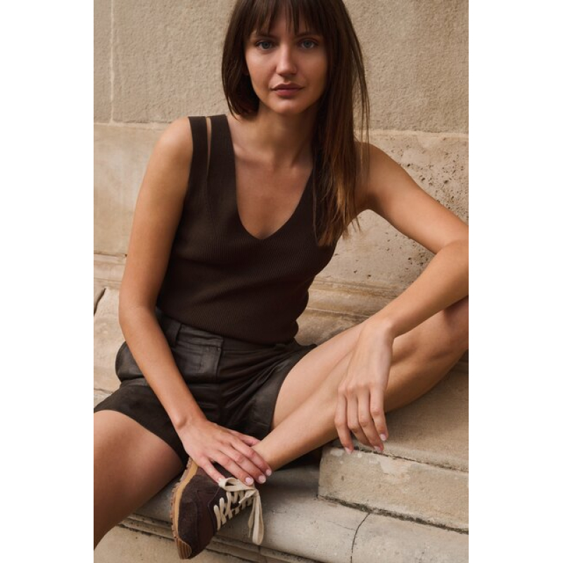 Geribd tanktop met schouderslit slate black brown