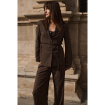 YAYA Gestreepte blazer met knopen en ceintuur slate black brown