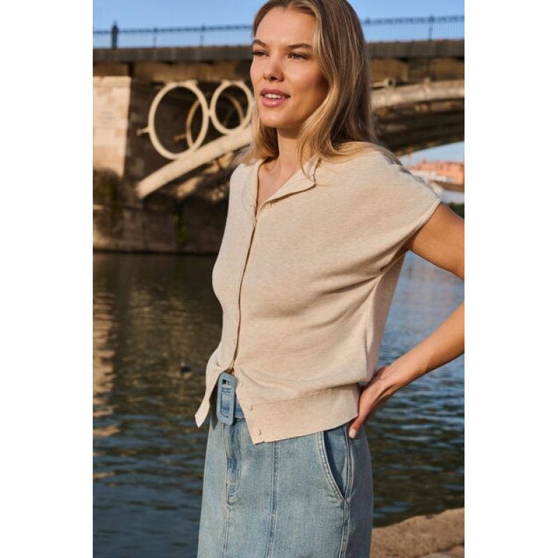 YAYA Mouwloos gebreid vest met knopen beige melange