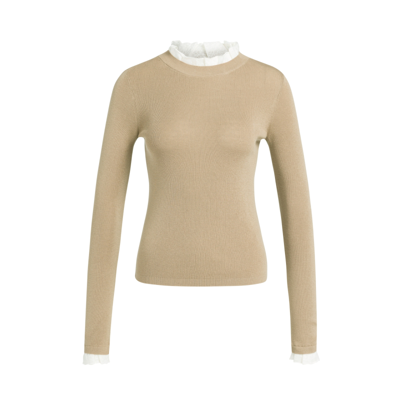 YAYA Aansluitende ribgebreide trui met ruches brown.