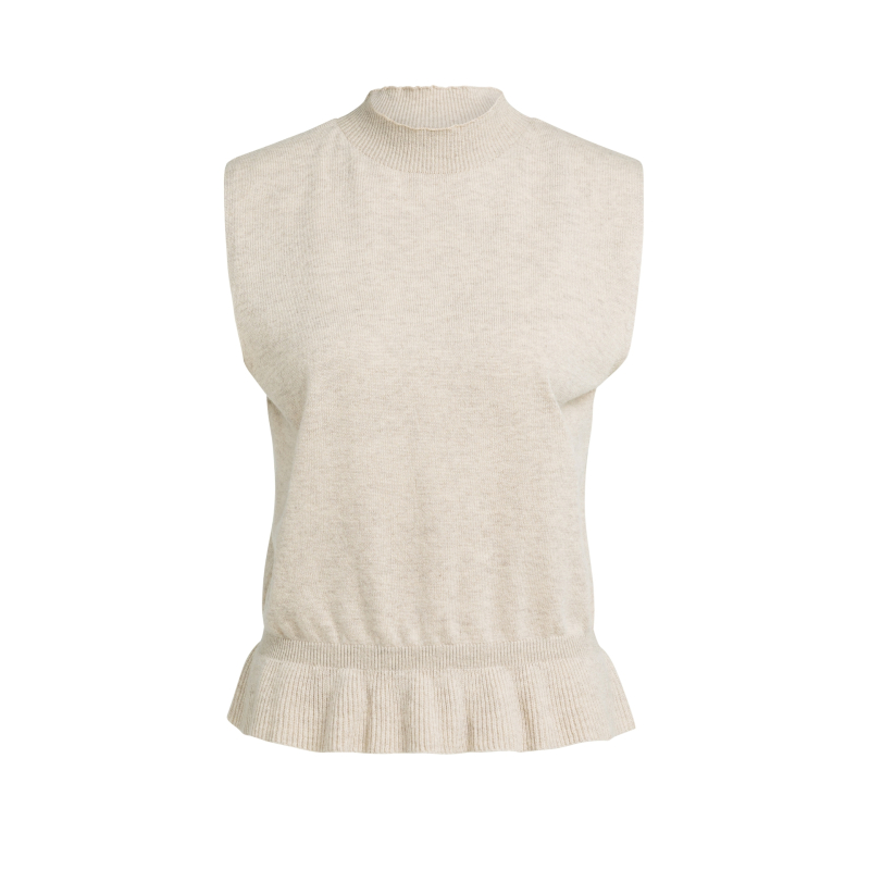 YAYA Mouwloze gebreide trui met ruches aan de zoom light beige.