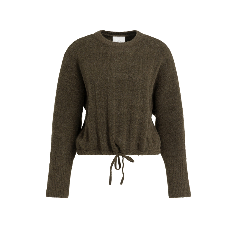 YAYA Ribgebreide trui met vleermuismouwen en koord black brown