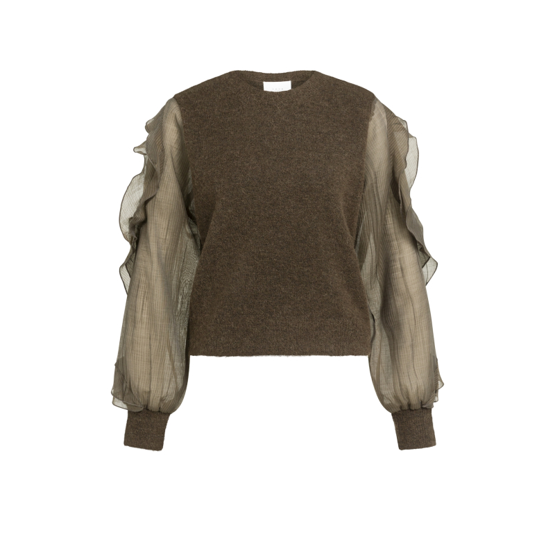 YAYA Gebreide trui met geweven mouwen black brown