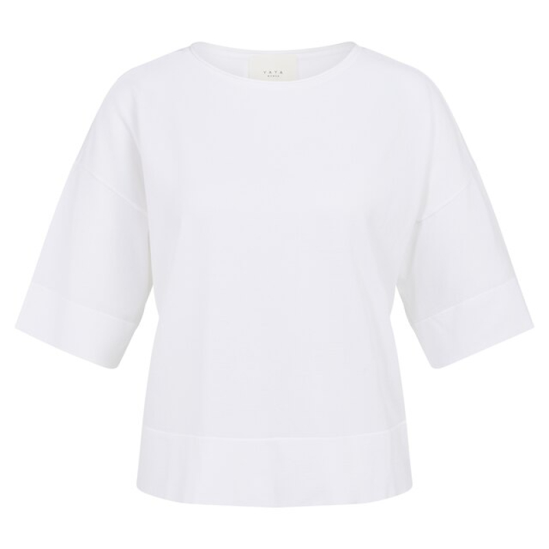 YAYA Boothals oversized fijngebreid t-shirt pure white