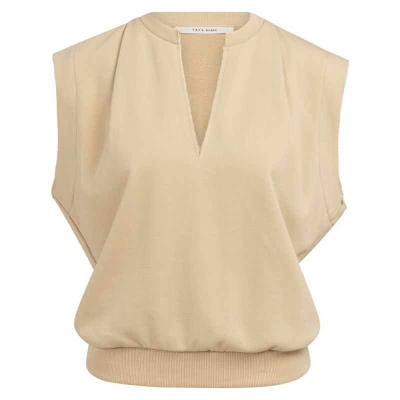 YAYA Mouwloos sweatshirt met v-hals semolina brown
