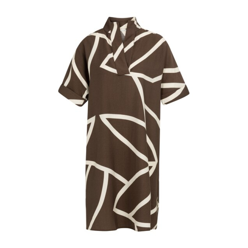 YAYA Printed dress with polo collar chocolate brown