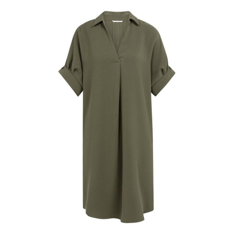 YAYA V-neck dress with pleated slee army green