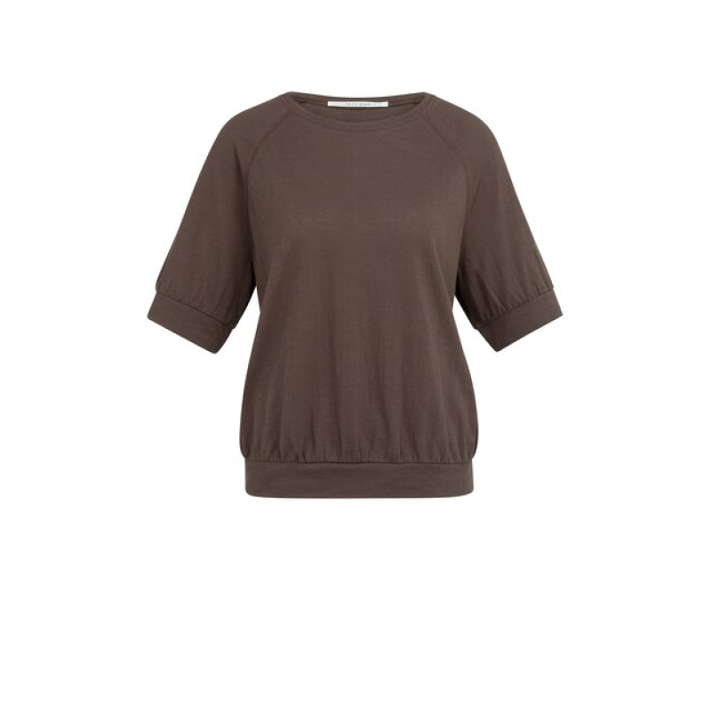 YAYA Jersey top with knitted outlook chocolate brown
