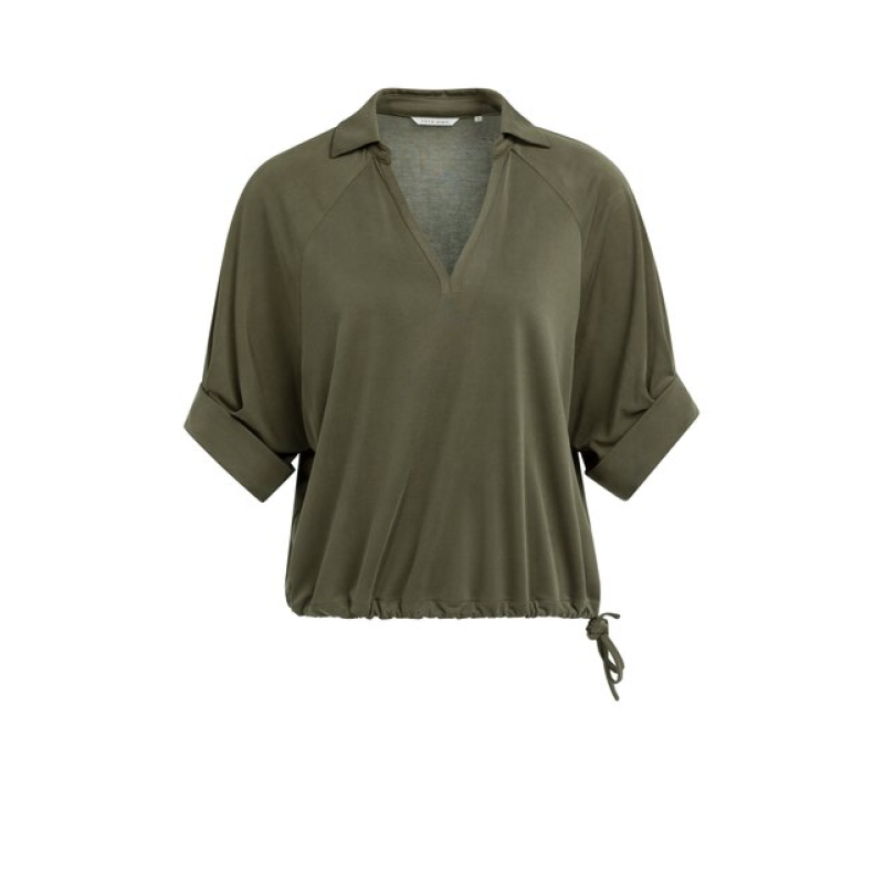 YAYA Jersey top with pleated sleeve army green