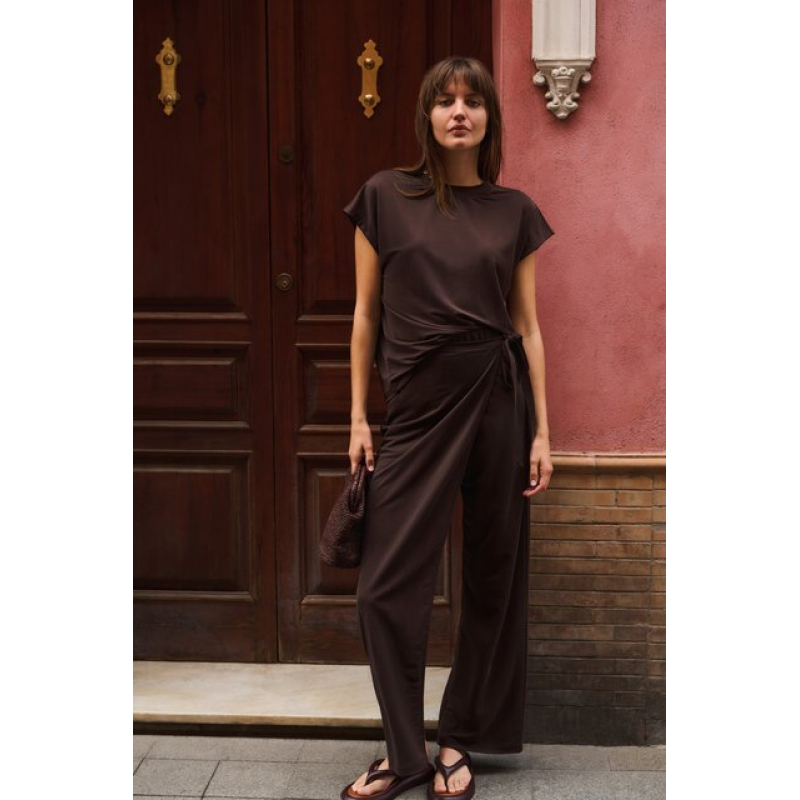 YAYA Jerseybroek met wijd model en wikkellook aubergine purple