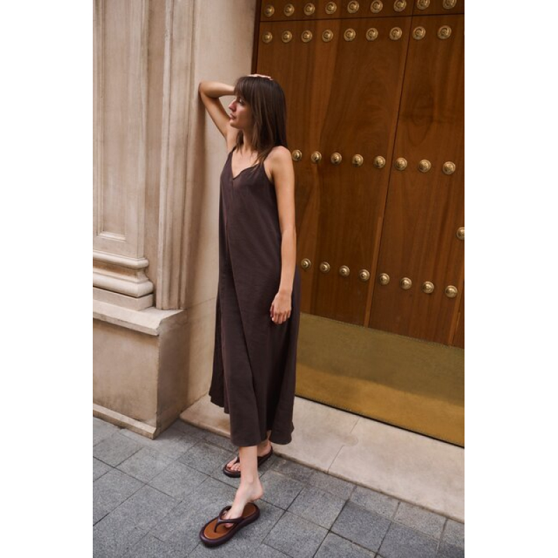 YAYA Lange jurk met bandjes en losse pasvorm aubergine purple