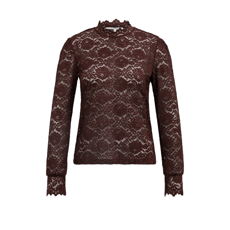 YAYA Kanten top met hoge halslijn choco/red