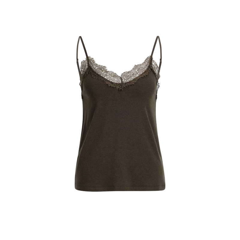 YAYA Jersey singlet met kanten rand brown