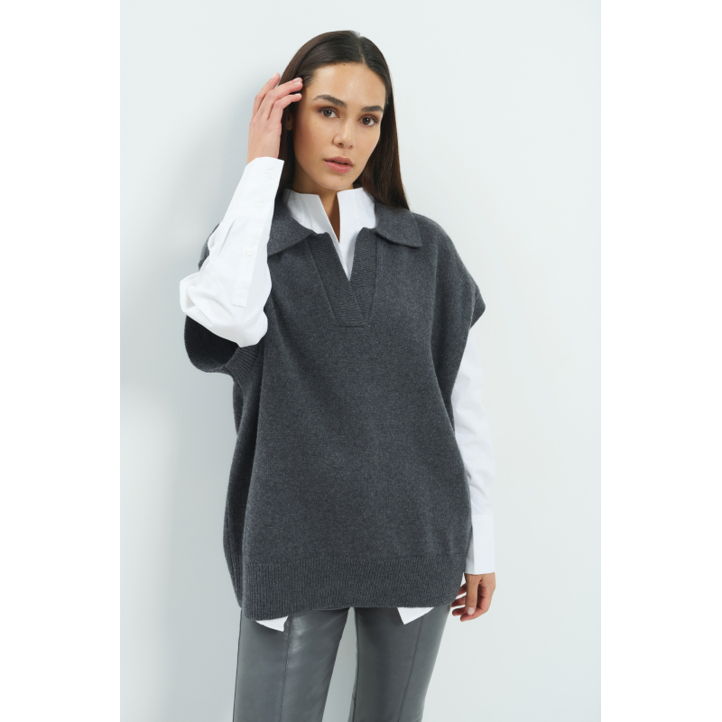 YAYA Gebreide spencer-tuniek met kraag anthracite