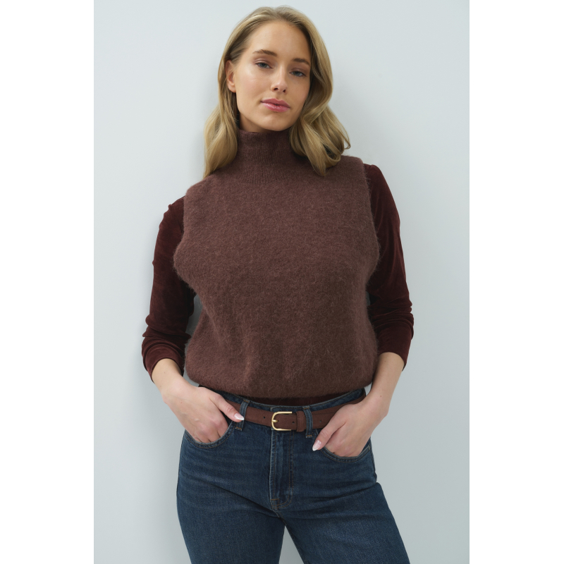 YAYA Mouwloze trui met hoge hals choco/red
